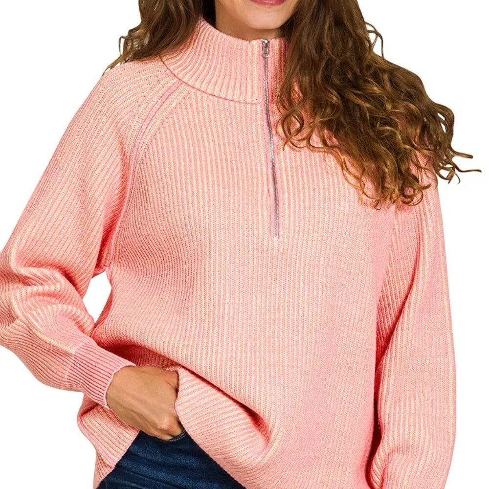 Zenana‎ Ribbed Two Tone Half Zip Sweater